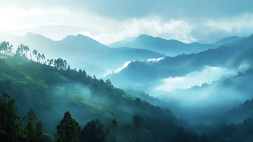Layered misty mountain valley with sunlit green slopes