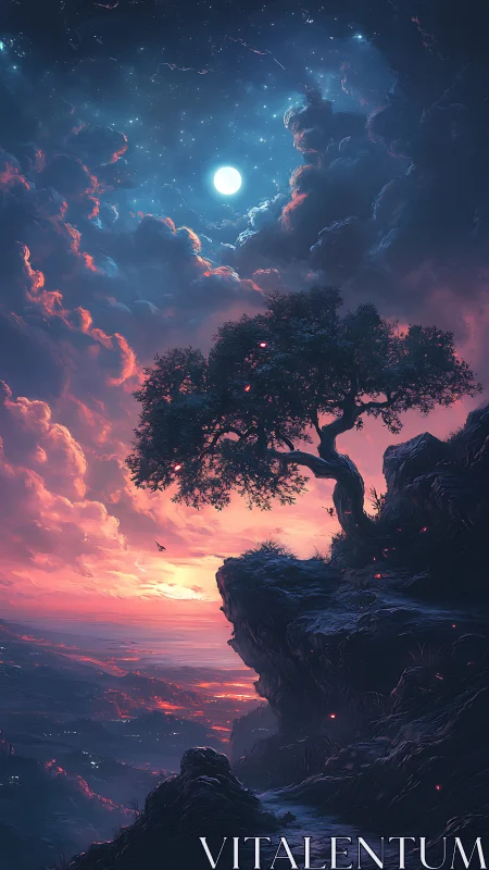 Solitary tree on cliff under moonlit clouds and sunset sky.
