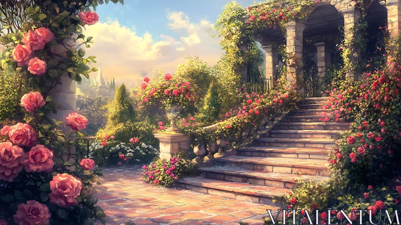 Sunlit rose terrace and stone stairs in a dreamy garden setting.