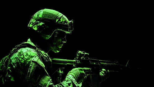 Night-vision warrior etched in neon green digital shadow play.