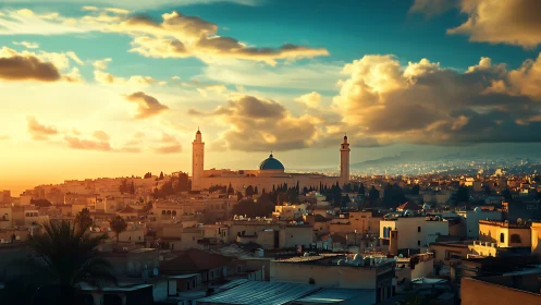 Golden sunset sky welcomes a peaceful Middle Eastern city