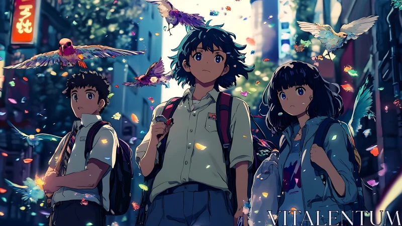 Urban anime trio under luminous birds and drifting petals