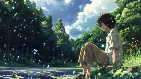 Boy beside forest pond under bright summer rainfall.