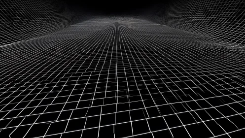 Futuristic 3D Wireframe Grid in Black and White Digital Style.