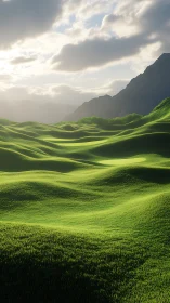 Sunlit green hills rolling under dramatic cloudy sky.