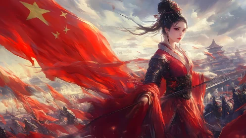 Woman in red robe stands before vast army and large red flag