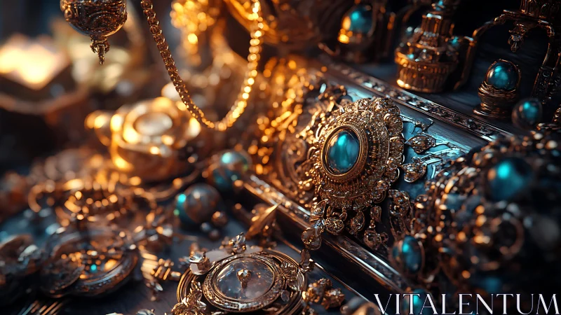 Ornate gold and blue jeweled objects in close perspective view.