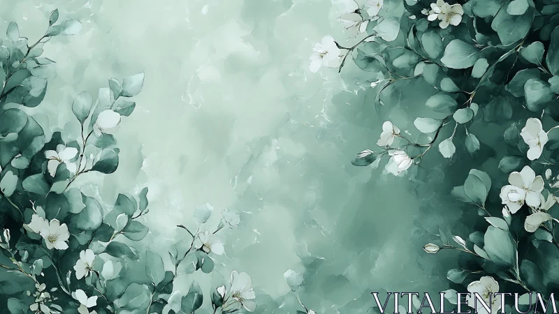 Soft green floral branches framing abstract center field.