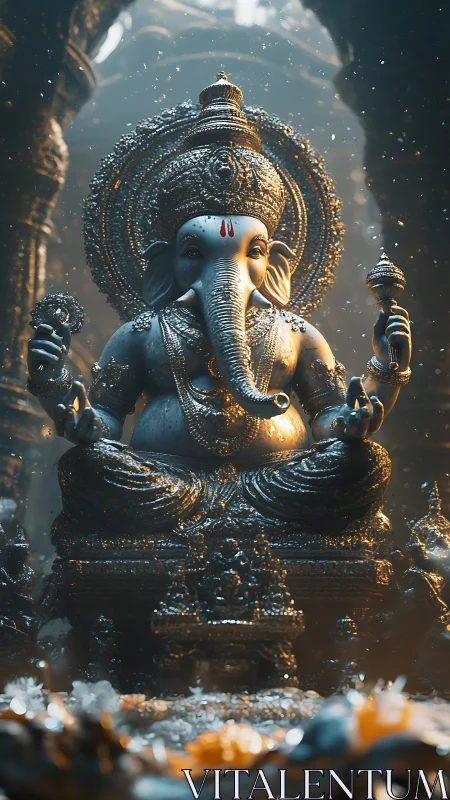 Detailed Lord Ganesha idol in ornate stone temple hall.