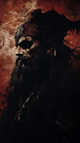 Side profile of bearded warrior in dark painted portrait.