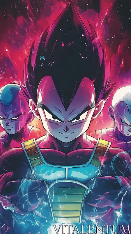 Anime warriors in stylized cosmic energy environment.