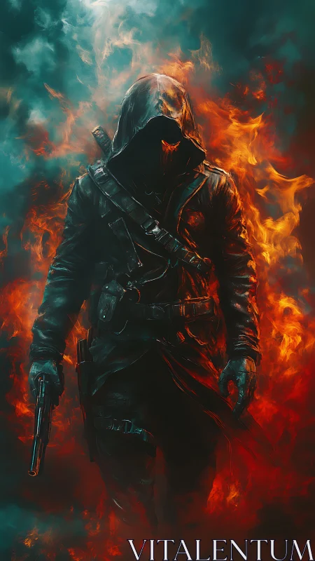 Hooded gunslinger strides through blazing inferno of fire.