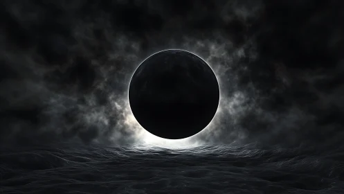 Midnight sphere hovers above stormlit cosmic tides in silence