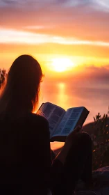 Silhouette reads by the sea as vivid sunset glows brightly.