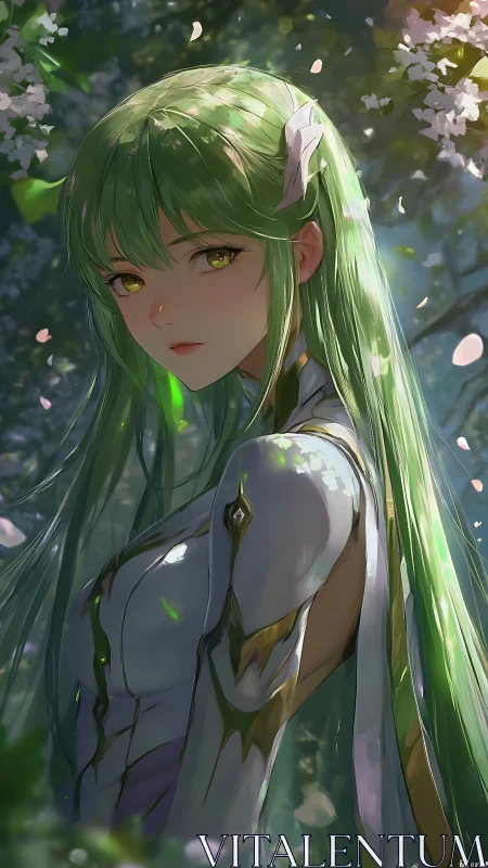 Forest guardian with flowing green hair in soft sunlight.