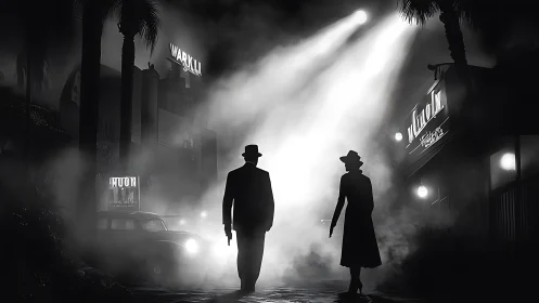 Noir silhouettes stride through fog-drenched neon street.