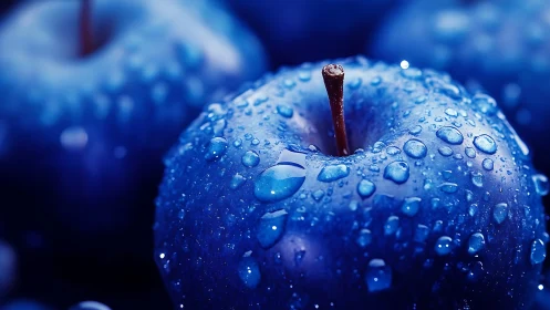 Blue apples in macro view with glistening water droplets.