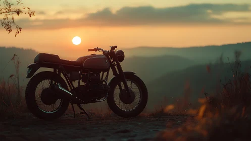 Photorealistic retro motorcycle silhouette at sunset overlook.