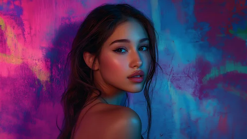 Digital portrait of woman against neon abstract background.