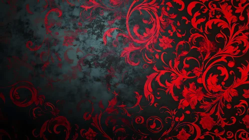 Crimson baroque vines swirl and ignite a shadowed wall