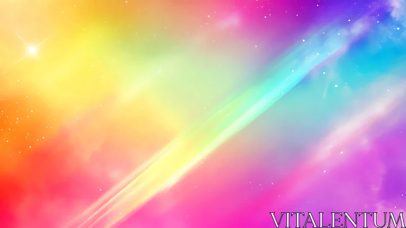 Vibrant rainbow light streak across soft cosmic gradient