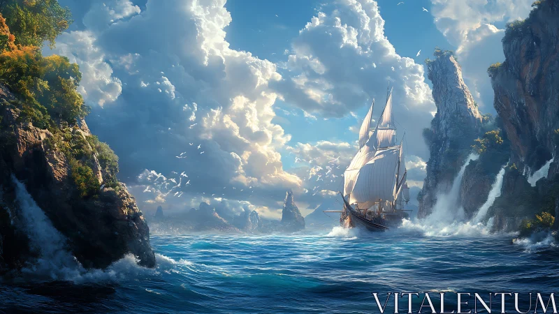 Majestic tall ship sails through luminous coastal cliffs.