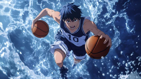 Explosive anime dunk shatters water in dynamic overhead view