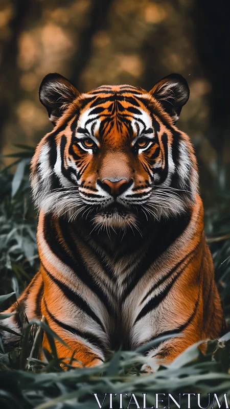 Regal tiger portrait with shallow depth and warm bokeh glow.