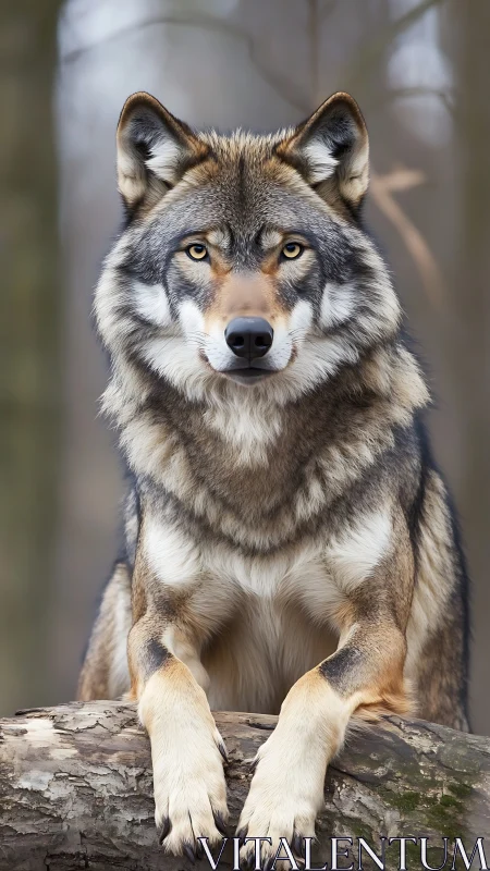 Front-facing timber wolf portrait with high-detail fur rendering.