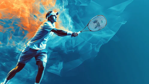 Dynamic tennis player lunges through blue and orange energy.