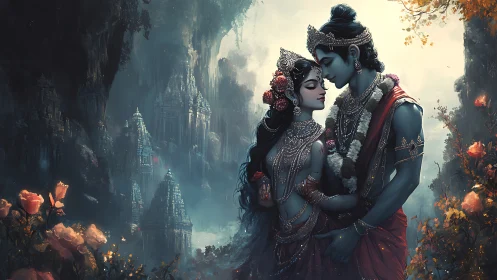 Divine couple beneath ornate towers in ethereal twilight.