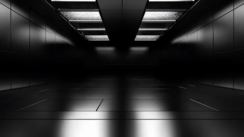 Midnight corridor of glossy light and quiet reflections.