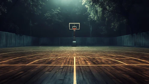 Empty outdoor basketball court under focused night lighting.
