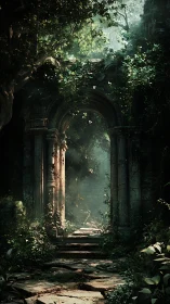 Ancient stone archway in overgrown forest ruin at dawn.