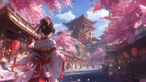 Woman in kimono walks through cherry-lined traditional street