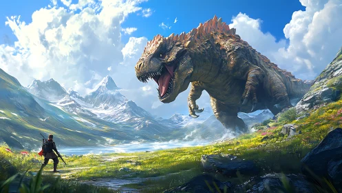 Lone ranger confronts thunderous titan in alpine valley sky.