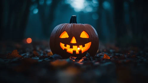 Low-angle jack-o-lantern glow contrasts sharply with defocused forest bokeh