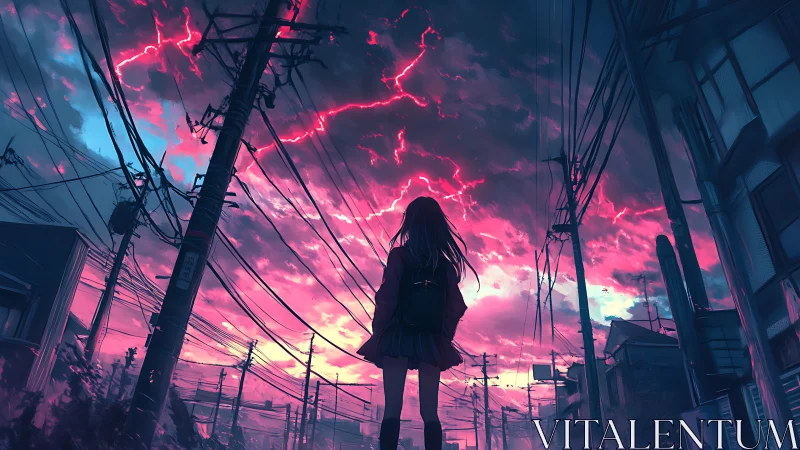 Girl beneath neon storm sky walks through electric streets