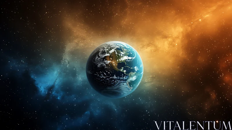 Planet Earth in space with blue and orange cosmic clouds.