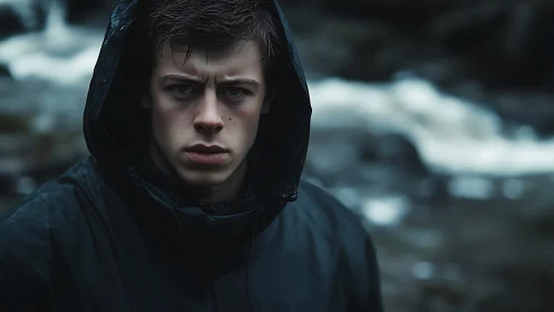 Storm-eyed wanderer in a rain-dark riverside cloak.