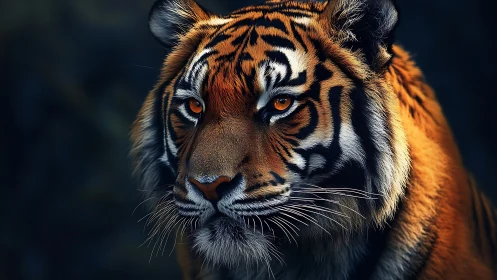 Intense tiger portrait under dramatic low key lighting.