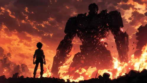 Silhouetted figure faces large mech amid burning debris field
