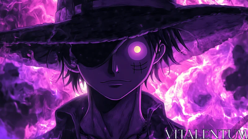 Anime figure with glowing eye stands in purple flames