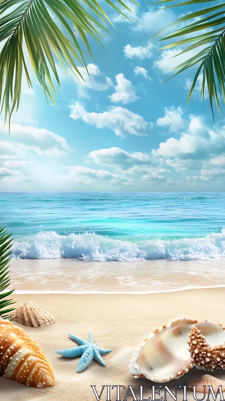 Tropical shoreline with seashell foreground and coastal surf