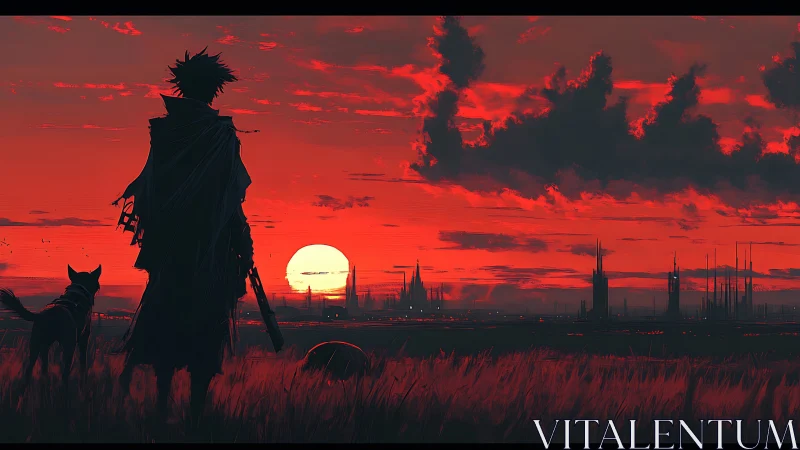 Silhouetted figure and dog observing red sci fi sunset.