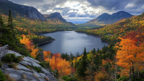 Mountain lake valley with dense autumn forest and clouds.