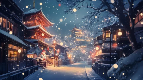 Digital painting of snowy Japanese street with pagoda lighting.