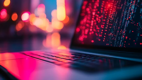 Laptop keyboard and code display with blurred neon lights.