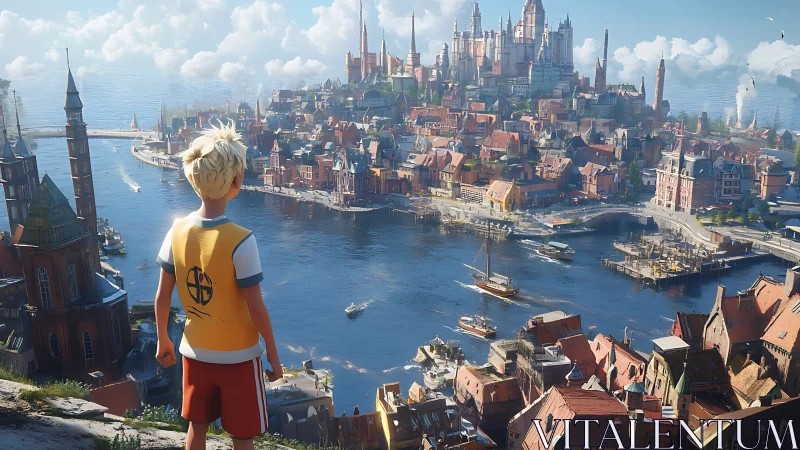 Digital painting vista of harbor city from cliffside viewpoint.