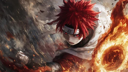 Red haired ninja unleashes swirling fire attack
